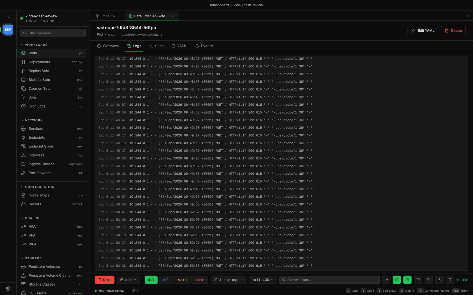 Streaming pod logs with level filters, time window and regex search