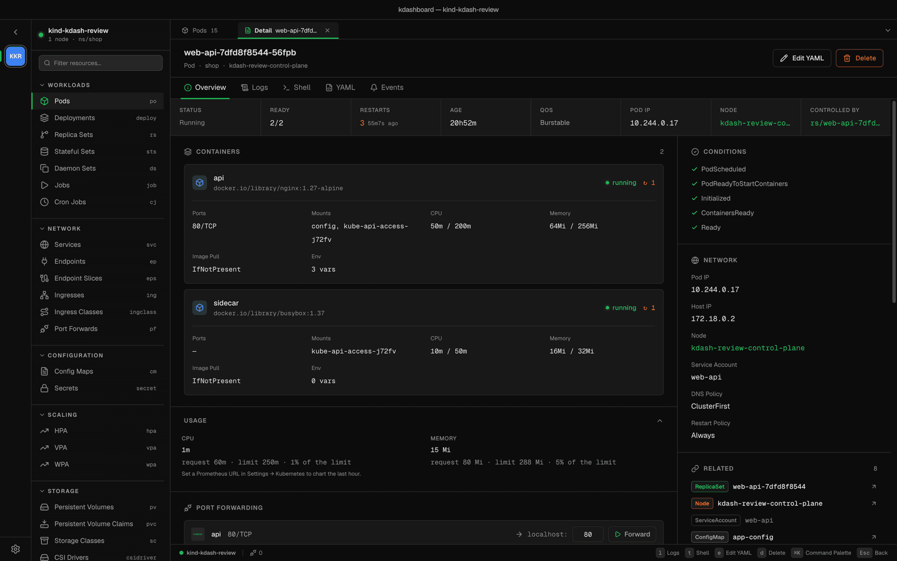 Pod detail: containers, usage against limits, conditions, network and related resources