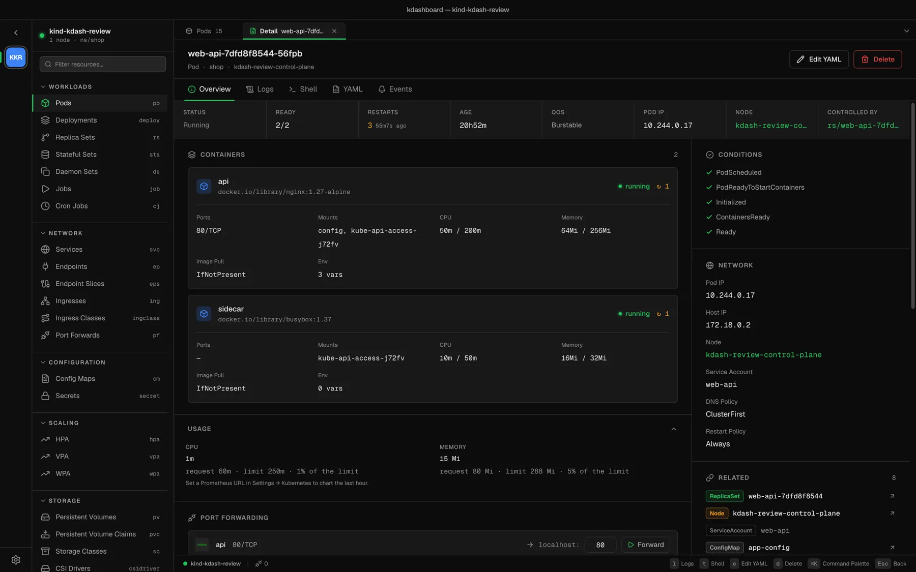 A pod detail: containers, usage against limits, conditions, network and related resources