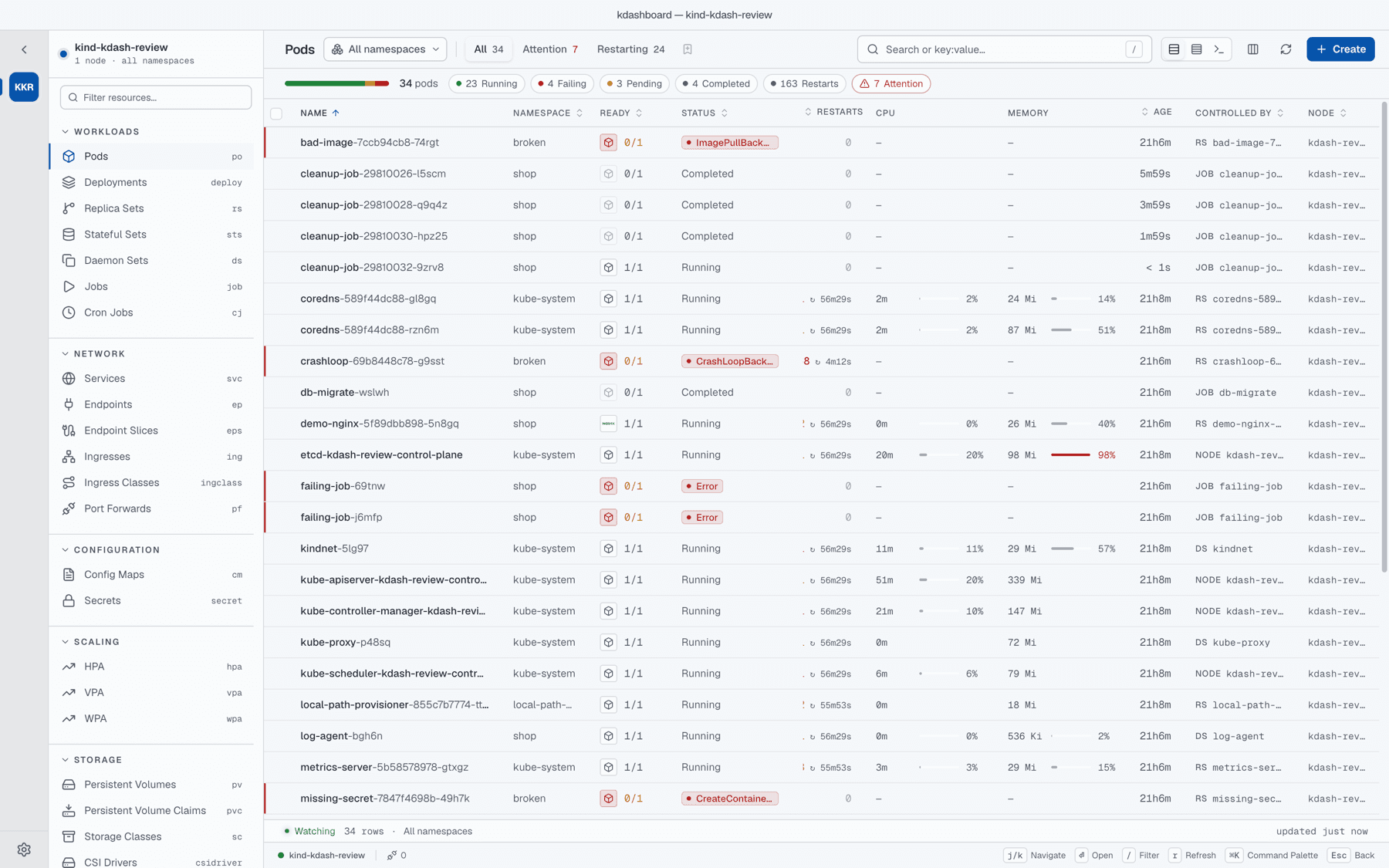 The pods table in the GitHub Light theme