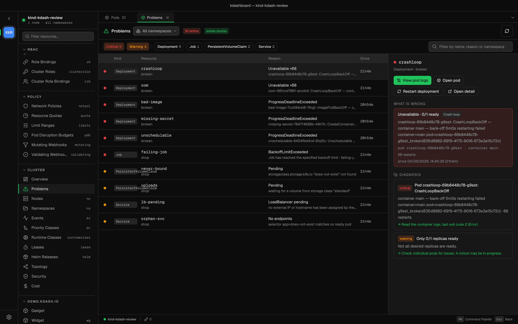 Problems view diagnosing a CrashLoopBackOff deployment with a suggested next step