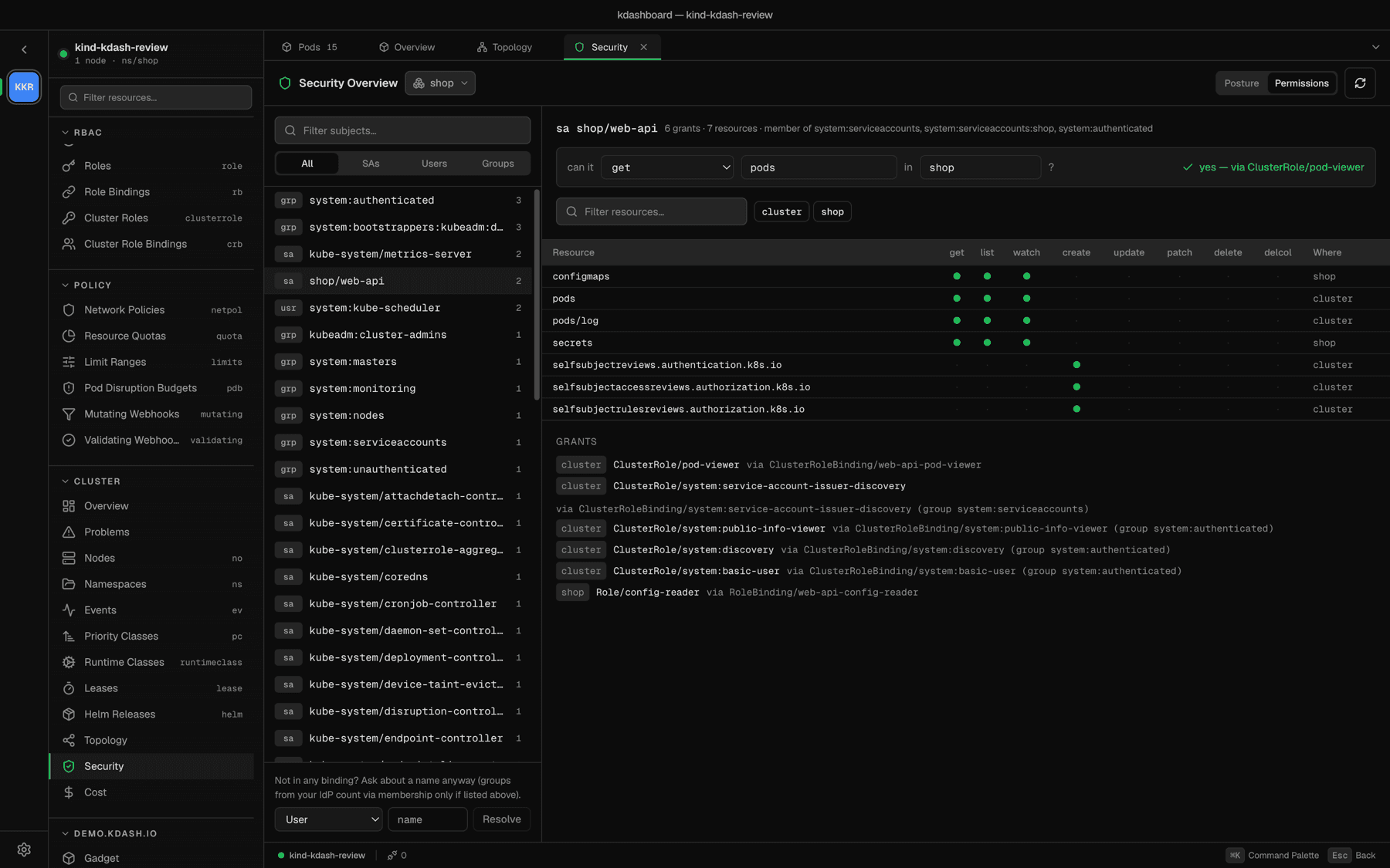 RBAC permissions explorer with the verb matrix